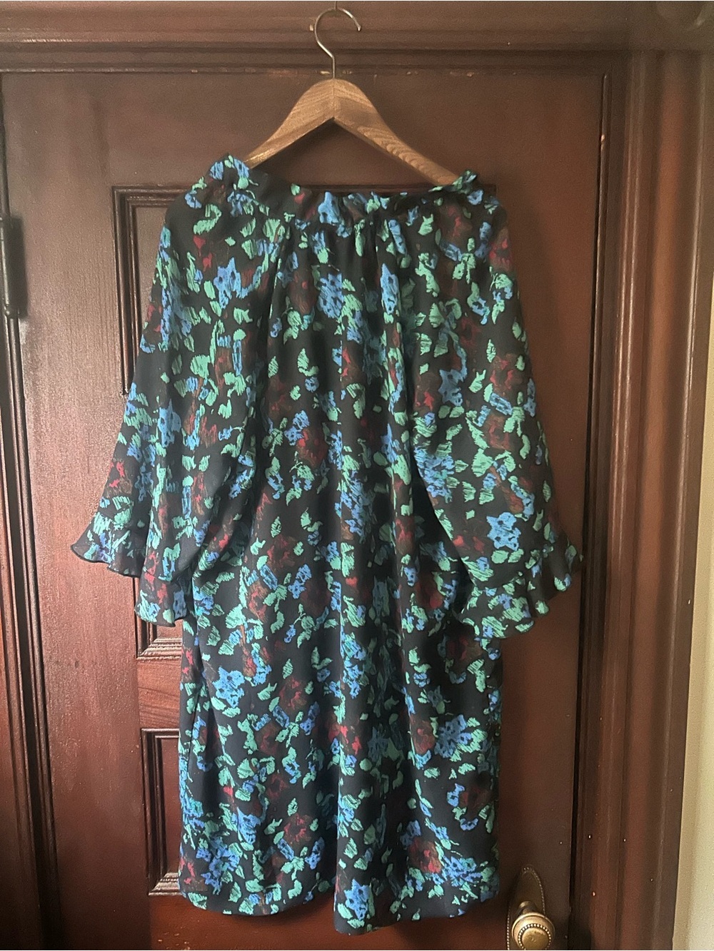 Ganni Printed Light Crepe Mini Dress Meadow Azure Blue Ruffle Neckline Size 38 - Picture 7 of 10